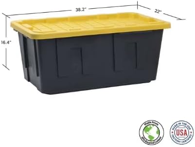 40 Gallon Heavy Duty Storage Tote with Lid, Black and Yellow, reusable, made with heavy-duty recycled plastic