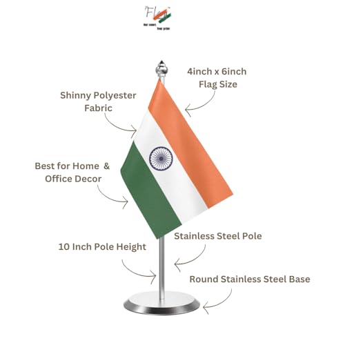 Image of The Flag Company Country Table Flag Single Stainless Steel Stand for Home and Office Desk,Conference (India)