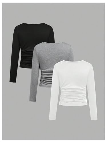 Floerns Girl's 3 Pcs Crew Neck Long Sleeve Tee Tops Ruched Basic Casual T Shirts2