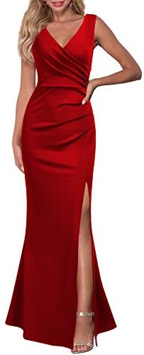 WOOSEA Women Sleeveless V Neck Split Evening Cocktail Long Dress Red