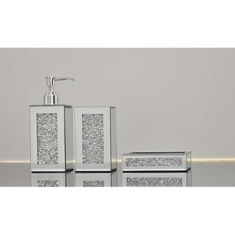 Deenz Set Of 3 Piece Crushed Jewel Diamond Bathroom Accessories Soap Dispenser Toothbrush Holder & Soap Holder In Silver Cover