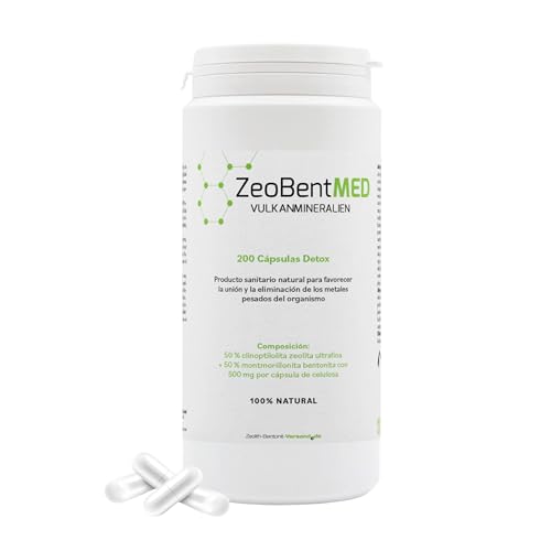 ZeoBent MED 200 Cápsulas de desintoxicación, dispositivo médico, alta dosificación, ultrafinas, 9 µm, calidad farmacéutica, desintoxicación de metales pesados, 100% zeolita cinoptilolita, zeolita