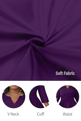 Image of Runwind Plus Size Dresses for Curvy Women, Work Church Professional Office Vintage Peplum Pencil Dress V Neck 3 /4 Sleeve