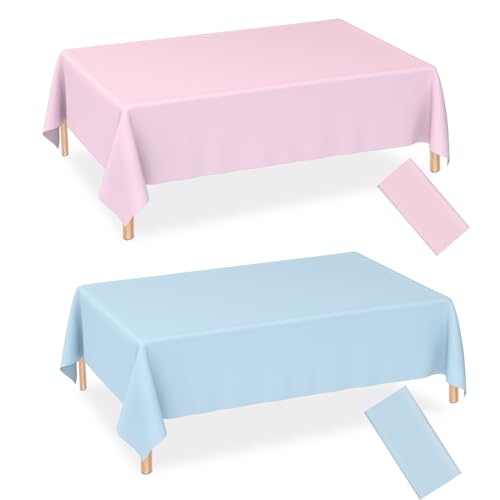 Image of WNINK 2 Pack Gender Reveal Plastic Tablecloths, Disposable Rectangle Pink and Blue Pastel Tablecloth, Table Covers for Boy or Girl Gender Reveal Party Baby Shower Birthday Party Decorations 54 inch x 108 inch