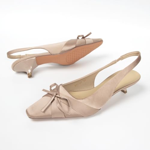 Women's Slingback Bow Heels Slip On Kitten Satin Pumps Closed Pointy Toe Dressy Pump Shoe for Women Wedding Party Small Heel Backless Shoes with Elastic Strap3