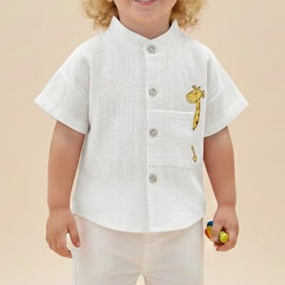 Image of A.T.U.N. (ALL THINGS UBER NICE) Baby Boys 100% Cotton Shirt | Mandarin Collar Half Sleeve Shirt with Cute Printed Design | Button Front Soft Fabric Shirt | Comfortable Stylish Top Wear for Babies