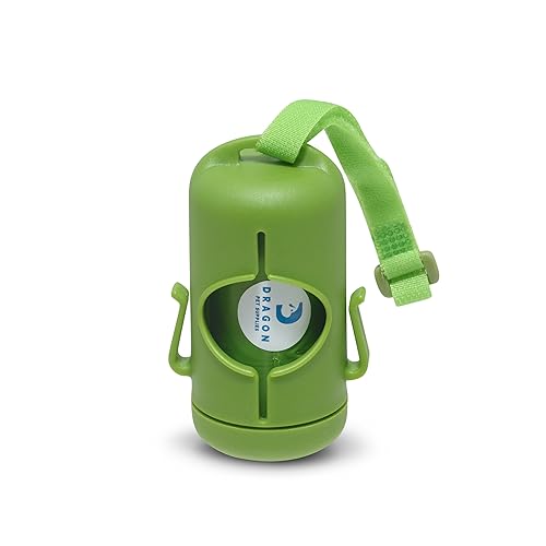 DRAGON Waste Bags Durable Dispenser, Dog poop bags holder with Two Hooks on the side for Used Poop Bags, leash attachment strap and 15 Dog Poop Bags (Green) DRAGON Waste Bags Durable Dispenser, Dog poop bags holder with Two Hooks on the side for Used Poop Bags, leash attachment strap and 15 Dog Poop Bags (Green)