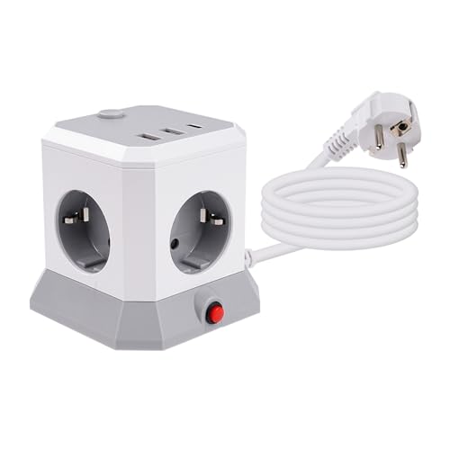 DewinLVD Multipresa Cubo, Multipresa con Interruttore, Cubo con 4 Prese, 4000 W/16 A, 2 USB-A 1 Presa USB-C con Cavo di Prolunga da 1,8 Metri per L'ufficio Domestico