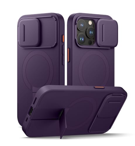 Image of SURITCH for iPhone 15 Pro Case with Magnetic Camera Slide Cover and Adjustable Kickstand, Compatible with MagSafe, Shockproof Bumper Case Slim Protective Cover 6.1 Inch, Dark Purple