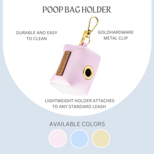 Image of Dog Poop Bag Holder with Leash attachment, Waste litter bag container, Lead accessories, Metal hook hands free holder, Zipper pouch stylish gold hardware (Pink)
