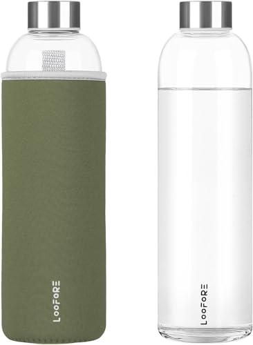 LOOFORE Botella de Cristal de 1 litro, 1L Botella de Vidrio de Borosilicato con Cubierta Protectora para Bebidas Frías y Calientes, Agua Reutilizable para Oficina, Deporte, Camping (Verde Oliva)