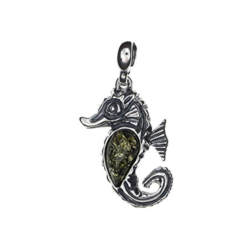Artisana-Schmuck Colgante de caballito de mar verde para cadena con ámbar y plata de ley 925/000 Cover