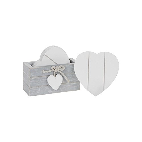 Set of 6 WOODEN HEART DRINK COASTERS with Provence Grey Storage Stand