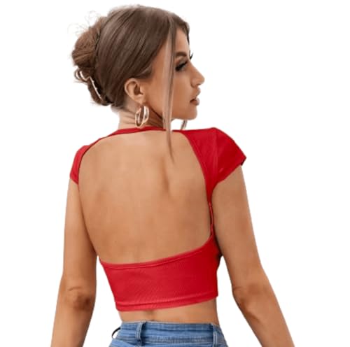 Image of Aahwan Royal Solid Slim Fit Tee Backless Western Stylish Short Sleeve Ribbed Crop Top for Women's & Girls