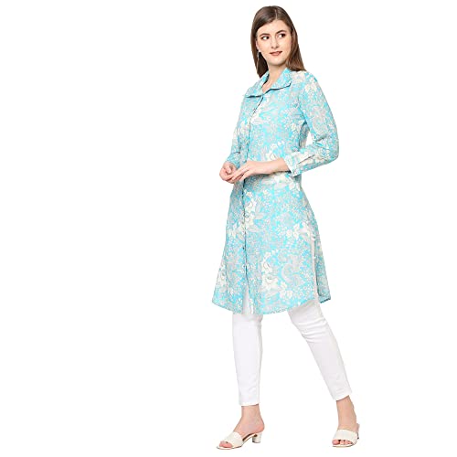 Image of CLOTH HAUS INDIA Floral Printed Shirt Collar Modal Kurti