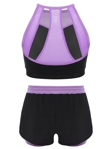 easyforever Kids Girls Color Block Sports Set Mesh Patchwork Crop Tank Top With Double -layer Shorts For Athletic Workout Purple 10 Years2