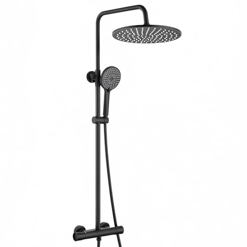 Auralum Columna Ducha Termostática,Duchas de baño Conjunto con Grifo,Cabezal de Ducha Lluvia 250x250mm,Alcachofa de Ducha con 3 Modo y Barra de Ducha Altura Adjustable,Negro
