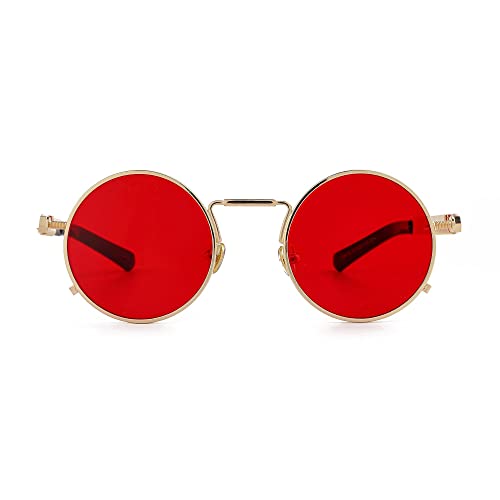Round Steampunk Sunglasses Hippie Circle Glasses Gothic Metal Frame 100% Uv Blocking Lens(Gold/Ocean Red) #TOP2