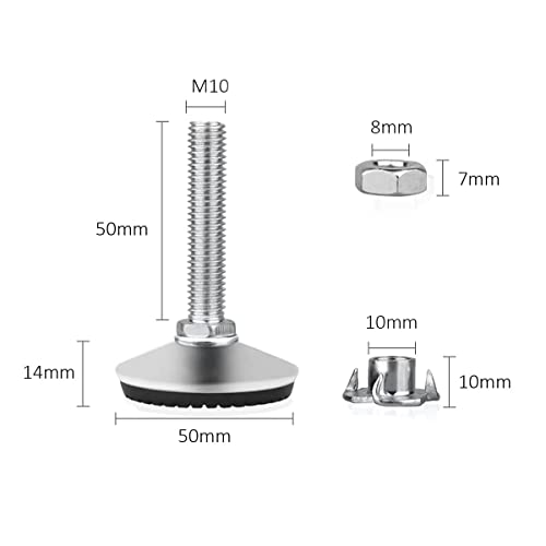 Drenky Stellfüße Höhenverstellbar, M10 x 50mm Möbelfüße Verstellbar 4 Stück Schraubfüße mit Einschlagmuttern und Geräuscharme rutschfeste Kunststoffbasis