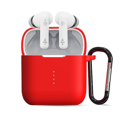 Image of Sounce Earphone Case Cover Compatible with Boat Airdopes 141, Soft Silicone Skin Case Cover Shock-Absorbing Protective Case with Keychain [Front LED Visible] - Dark Red