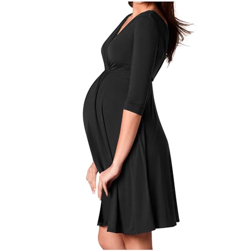 Vestido de Lactancia de Maternidad Mujeres Manga Corta Casual Ropa Fruncida para Embarazadas Elegante Colores sólidos Moda Cuello en V Verano Vestido Corto premamá Vestido de Noche Oficina