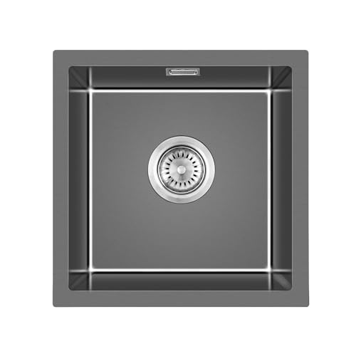 Küchenspüle Schwarz 45x45x19cm, KEOKBON Spülbecken Edelstahl, Einbauspüle 1 Becken mit Siphon, Ab- und Überlaufgarnitur,geeignet für aufliegend, Einbau oder Unterbau Montageart