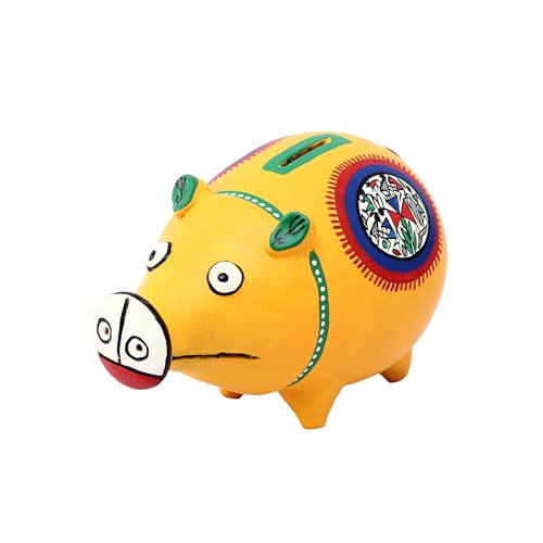 Image of Aakriti Art Creations Musturd Max Piggy Bank | Coin Bank Birthday for Boys and Girls | Hand Painted with Warli Art in Yellow Fabric Shade | Artistic Style Piggy Bank | Handcrafted Coin Bank