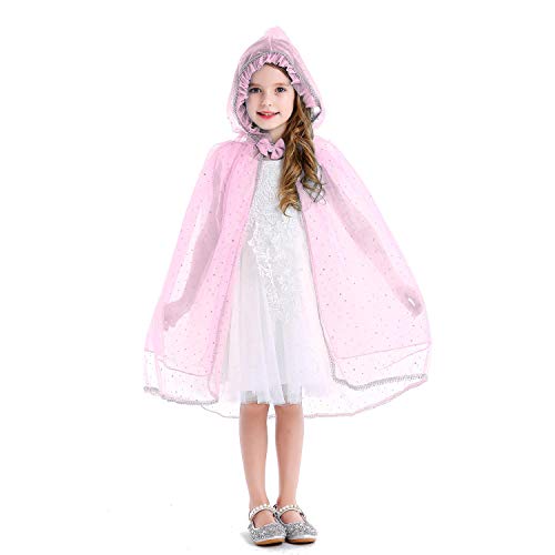 Tyidalin Cape Princesse Déguisement pour Fille Enfants Cape à Capuche en Tulle Paillettes Costume Princesse Fête Carnaval Cosplay Halloween Noël,Rose,5-6 Ans(Étiquette 130) Cover