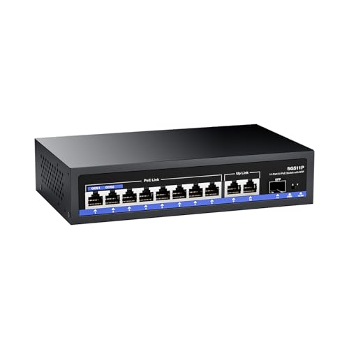 AUMOX PRO 11-Port PoE Gigabit Switch, 8 PoE+ Port, 2 Gigabit Uplink, 1 SFP Port, 120W AI Detection, Qos, Fanless Metal Plug & Play Unmanaged Network Switch
