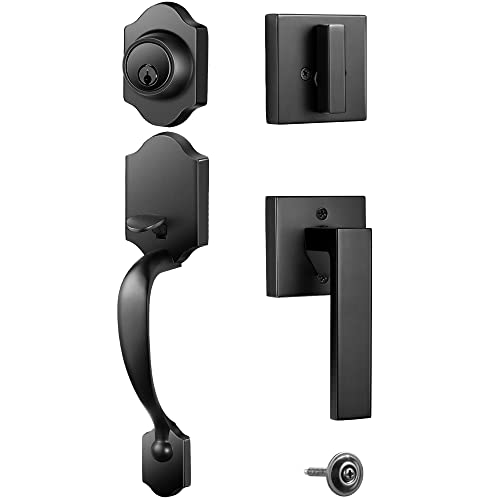 Elemake Front Door Handle Set - Front Door Entry Handleset With Deadbolt Lock, Keyed Entry Handle Lock Set, All Zinc Alloy Door Lever Set, Ambidextrous Door Installation, Black Orb Matte Plating #TOP6