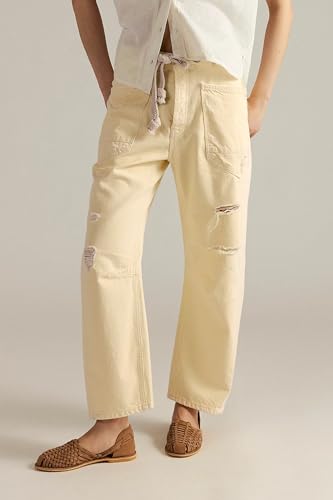 FOMOYUU Baggy Barrel Horseshoe Jeans for Women Wide Leg Patchwork Low Rise Causal Drawstring Denim Pants with Pockets3