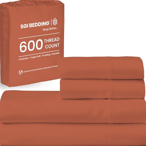 Image of SGI bedding RV King Bed Sheets Set - Premium 600 TC Egyptian Cotton, Crisp Cooling Sateen Weave, Extra Soft Hotel Collection, Fits Mattresses Up to 16 Inch Deep, Breathable Long Lasting - Terracotta