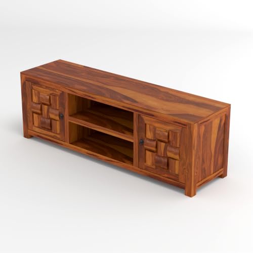 Image of Solid Sheesham Wood Entertainment TV Unit with 2 Door | Rosewood Tv Stand /TV Cabinet for Living Room | Bedroom | Wooden TV Panel with Shelf Stoarge | TV Table