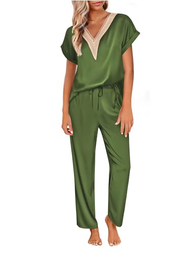 Image of Ekouaer Silk Pajamas Set Womens Lace V Neck Loungewear Short Sleeve Satin Shirt with Long Pant Silky Pjs