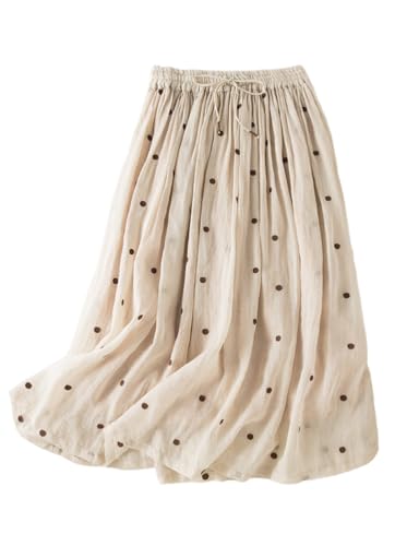 IDEALSANXUN Linen Skirts for Women Spring Summer A Line Flowy Casual Elastic High Waisted Polka Dot Midi Skirt