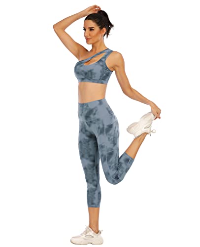 One Shoulder Sports Bra,Yoga Bra,Workout Bras for Women One Strap Sports Bra Running Athletic Tie Dye Sports Bra D023-blue tie dye-M - Image 4