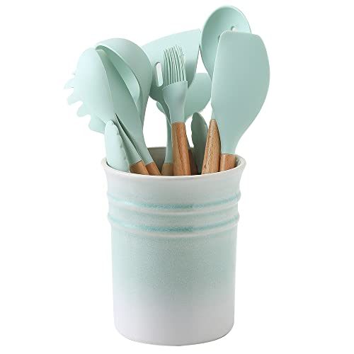 Nihow Keramik-Küchenutensilienhalter: 18 cm großer Utensilienhalter für die Arbeitsplatte, stabiler Utensilientopf für die Küche, Thekendekoration, elegantes Grün (1 Stück) Cover