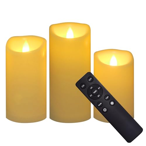 Image of CANDLE CHOICE Outdoor Battery-Operated Flameless Candles with Remote Timer Waterproof Flickering Plastic Electric LED Pillar Lights for Lantern Patio Garden Wedding Halloween Christmas 3x5,6,7 inch 3 Pack