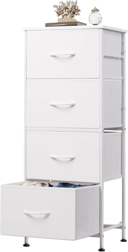 Storage Cabinet for Bedroom Dresser with 4 Drawers Fabric Clothes Storage Organizer Unit Dresser for Hallway Entryway Closets Sturdy Steel Frame Wood Top Easy Pull Handle (White)