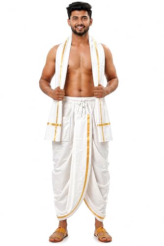 Chandrakala Readymade Pocket Dhoti and Angavastram with Golden Border for Mens Ready to Wear Panchkacham with Dupatta Large White (MK116WHI3)
