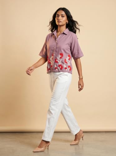 Image of Stylish Women's Embroidered Shirts | Geometric Pattern Half Sleeve Collared Button-Up Casual Shirt for Women