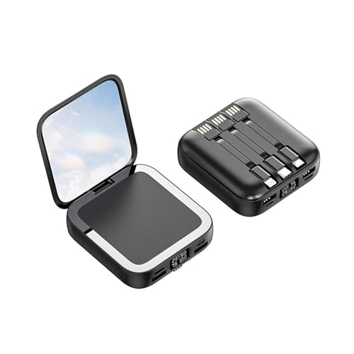 KhUkhu Power Bank con Cavi Integrati E Specchio per Il Trucco, Caricabatterie Portatile da 10000 mAh, Batteria Esterna con 3 Uscite E 2 Ingressi, Mini Power Bank,Nero