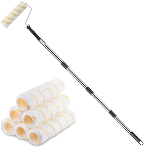 Paint Roller with 6 Replacement Covers, Extendable & Detachable Thickened Pole, Long Reach Wall & Ceiling Painting Roller, Heavy Duty Household Painting Tool for Walls, Ceilings & Murals