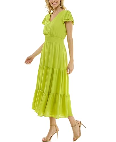 Image of Nanette Nanette Lepore Women's Tiered Pull on Fully Lined Dress with Smock Waist and Pleated Flutter Sleeve