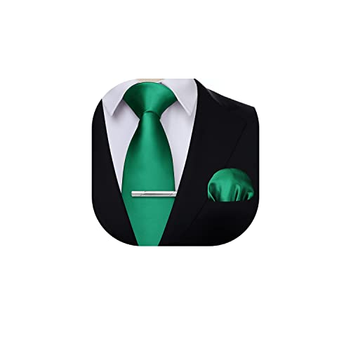 HISDERN Corbatas y Pañuelo Hombre Corbata Verde Sólido y Bolsillo Cuadrado con Juego de Corbata Clip para Boda Fiesta Negocio Oficina Regalo de Hombre
