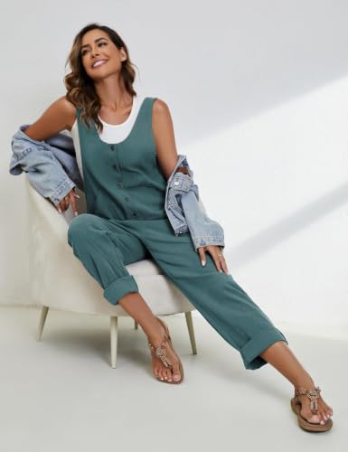 Image of Yeokou Womens Overalls Linen Cotton Jumpsuits Loose Casual Jumpers with Pockets