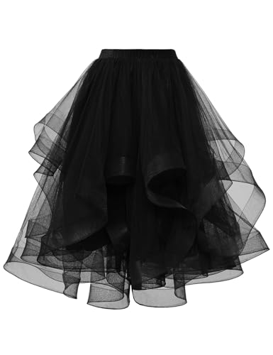 DRESSTELLS Black Tulle Skirts for Women Midi A Line Elastic High Waisted Summer Tiered Layered Puffy Tutu Fluffy Wedding Party Casual Skirt L