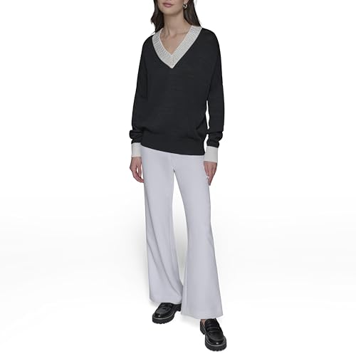 KARL LAGERFELD Women's V-Neck Sweater with Contrast Ribbed Trim and Long Sleeves2