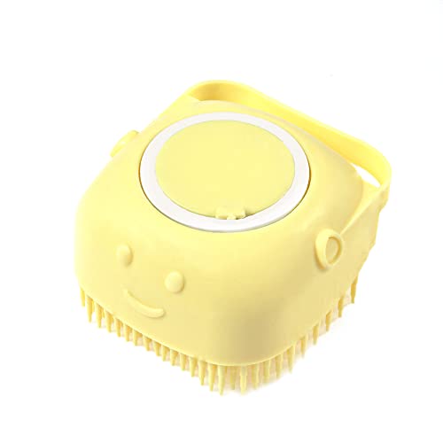 PETRENDY - Dog Bath Brush Shampoo for Pets - Soft Silicone Pet Massage Soap Dispenser, Dog and Cats Scrubber for Bathing Pets, Doggie Grooming Shower Fillable Silicone Pet Brush. (Yellow)
