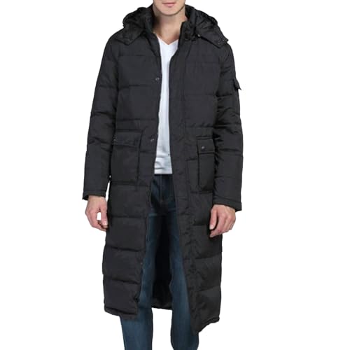 Extra Long Mens Windproof Puffer Coat Removable Hooded Down Jacket Warm Waterproof Lightweight Coat for Men Black Large